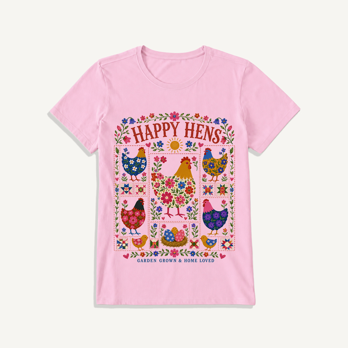 Happy Hens Floral Patchwork Print Crew Neck Cotton Tee