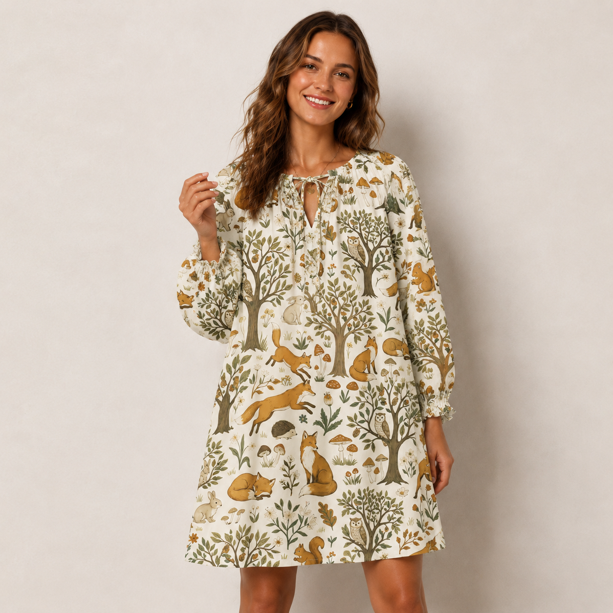 Woodland Creatures Print Boho Tie‑Neck Smock Mini Dress