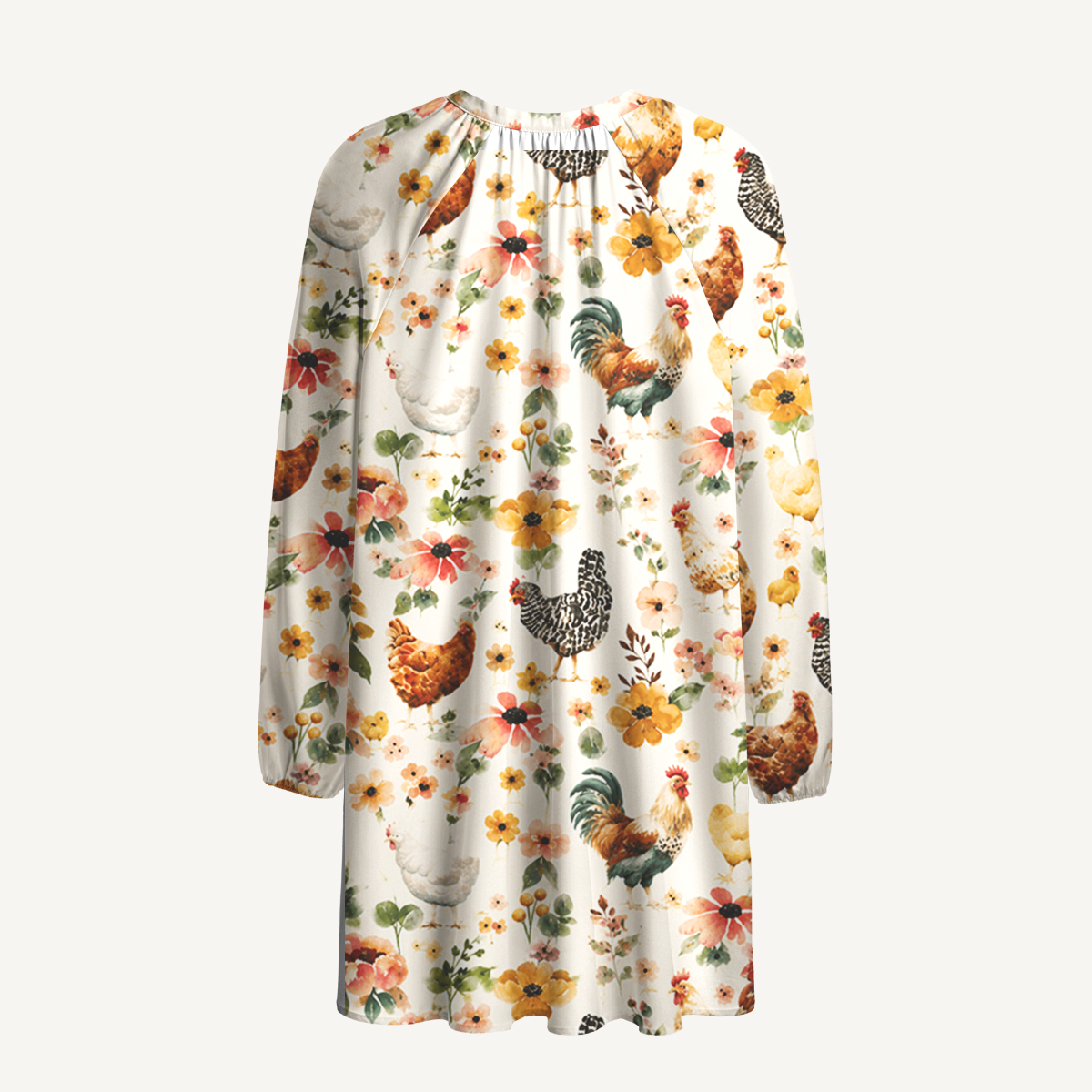 Watercolor Chicken Floral Print Boho Tie‑Neck Smock Mini Dress