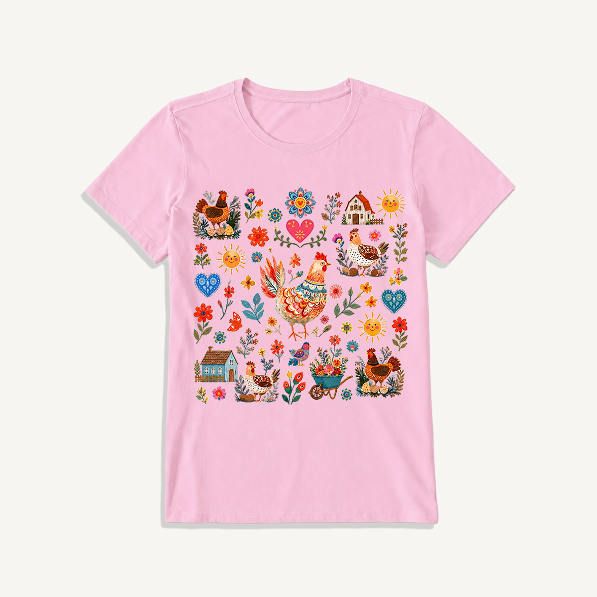 Vintage Farmhouse Chicken Floral Print Crew Neck Cotton Tee