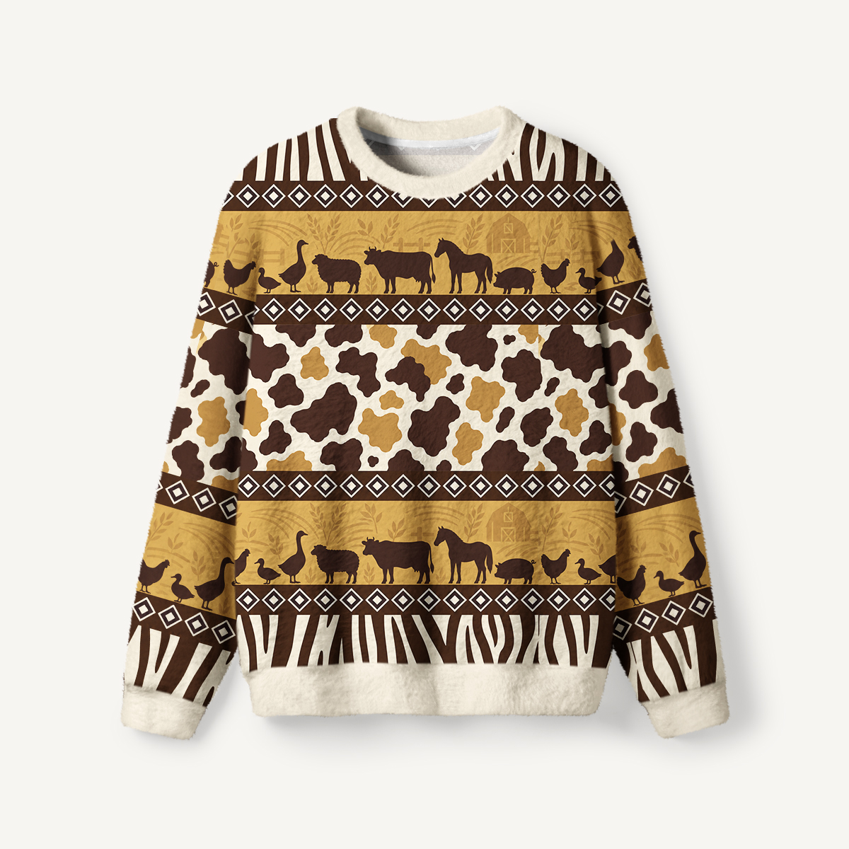 Rustic Farmhouse Cow Print & Barnyard Fuzzy Crewneck Sweater