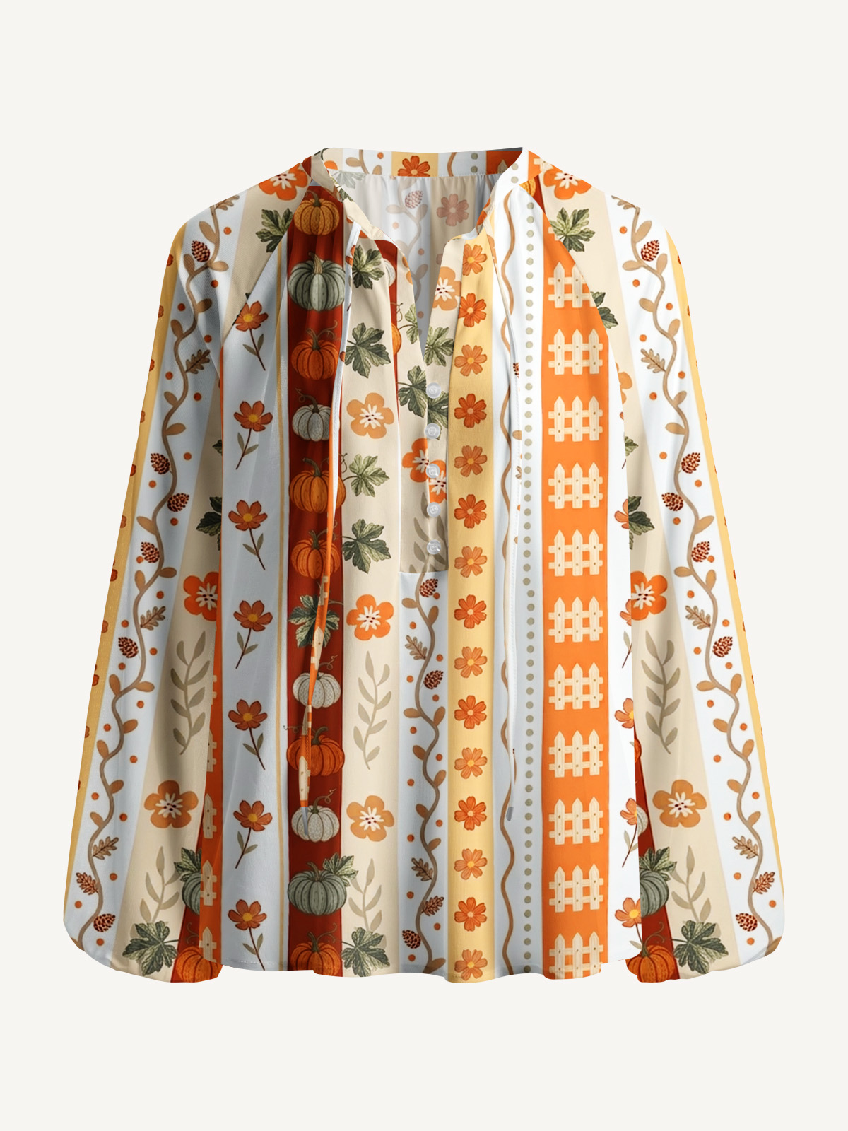 Autumn Pumpkin Patch Stripe Print Boho Long Sleeve Tie‑Neck Blouse