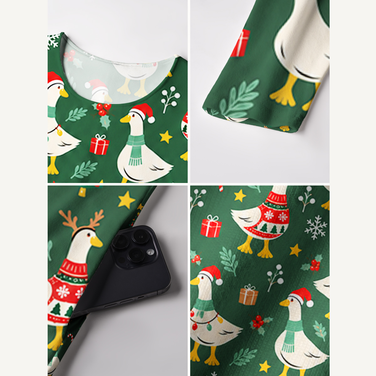 Christmas Goose Parade Print Soft-Touch Stretch Knit Long Sleeve Maxi Dress with Pockets