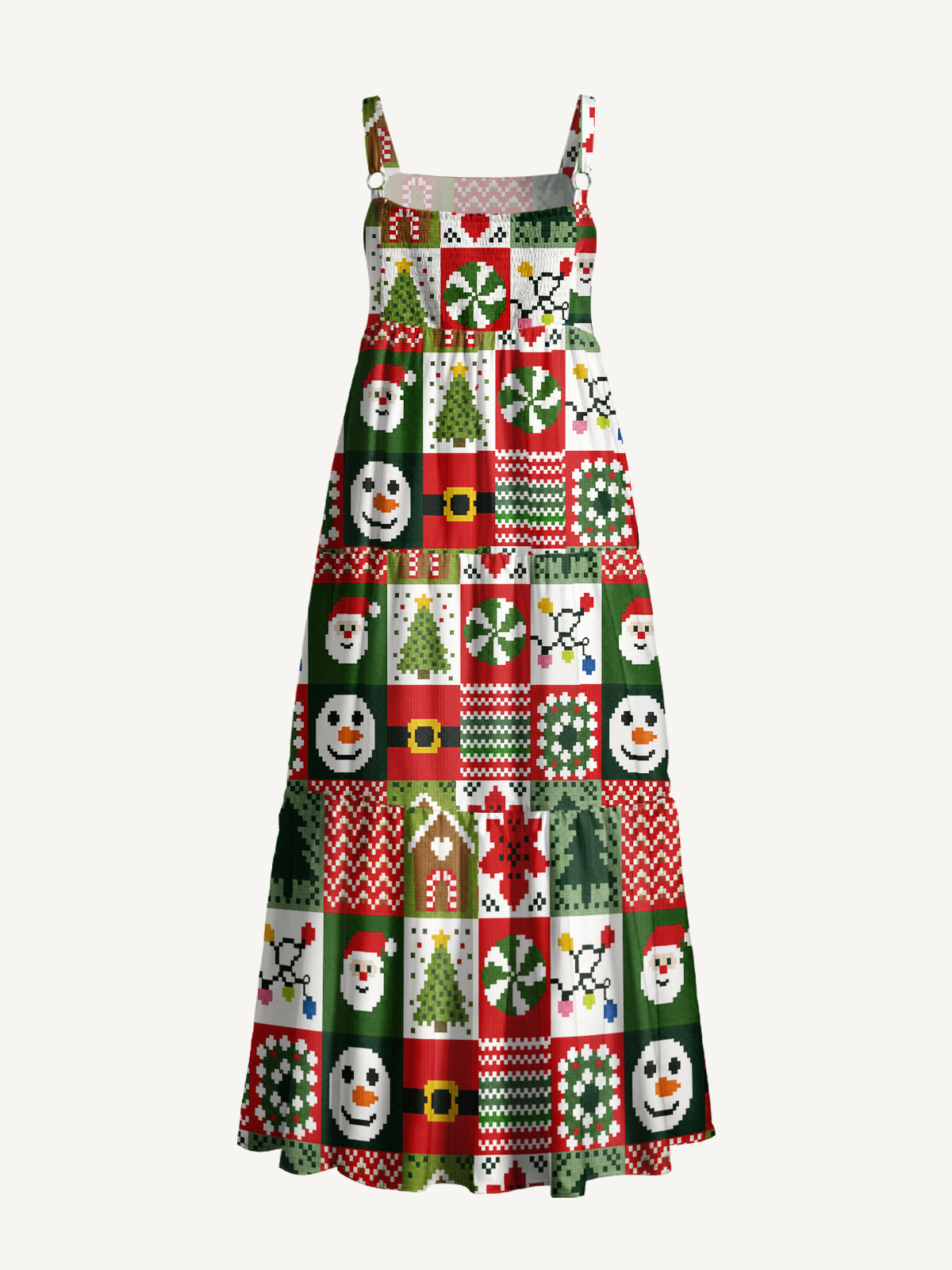 Cozy Christmas Patchwork Print Wide Straps Maxi Dress With Pockets