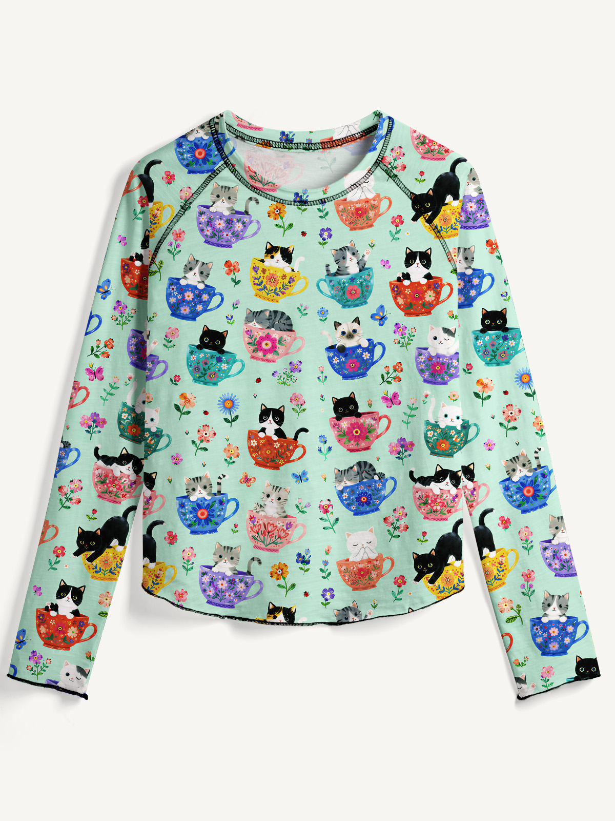 Cute Teacup Kitten All-Over Print Cotton Raglan Long Sleeve Top