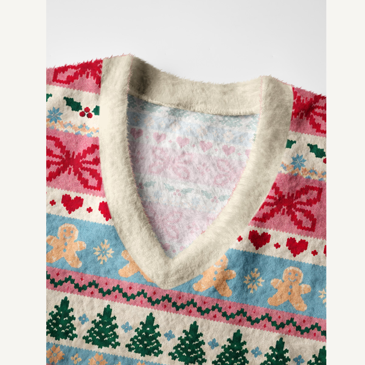 Gingerbread Holiday Knit Print V-Neck Sweater Vest