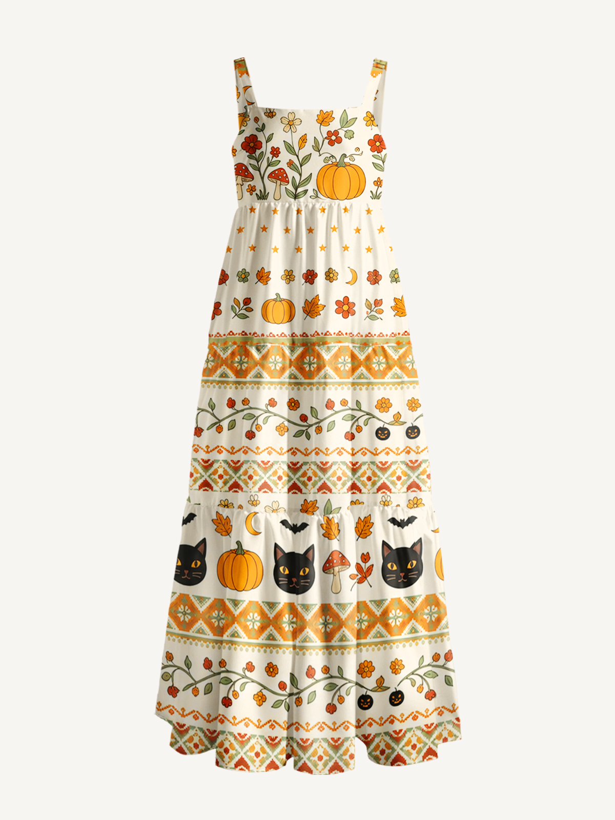 Autumn Fair Isle Pumpkin & Black Cat Print Wide Straps Maxi Dress With Pockets