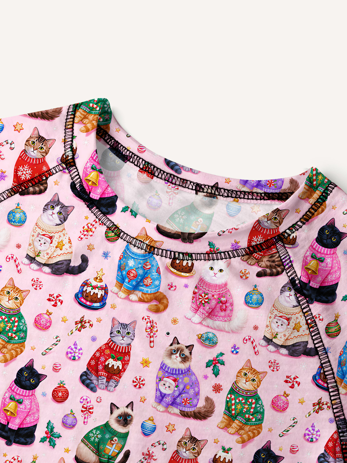 Christmas Sweater Cats Holiday All-Over Print Cotton Raglan Long Sleeve Top