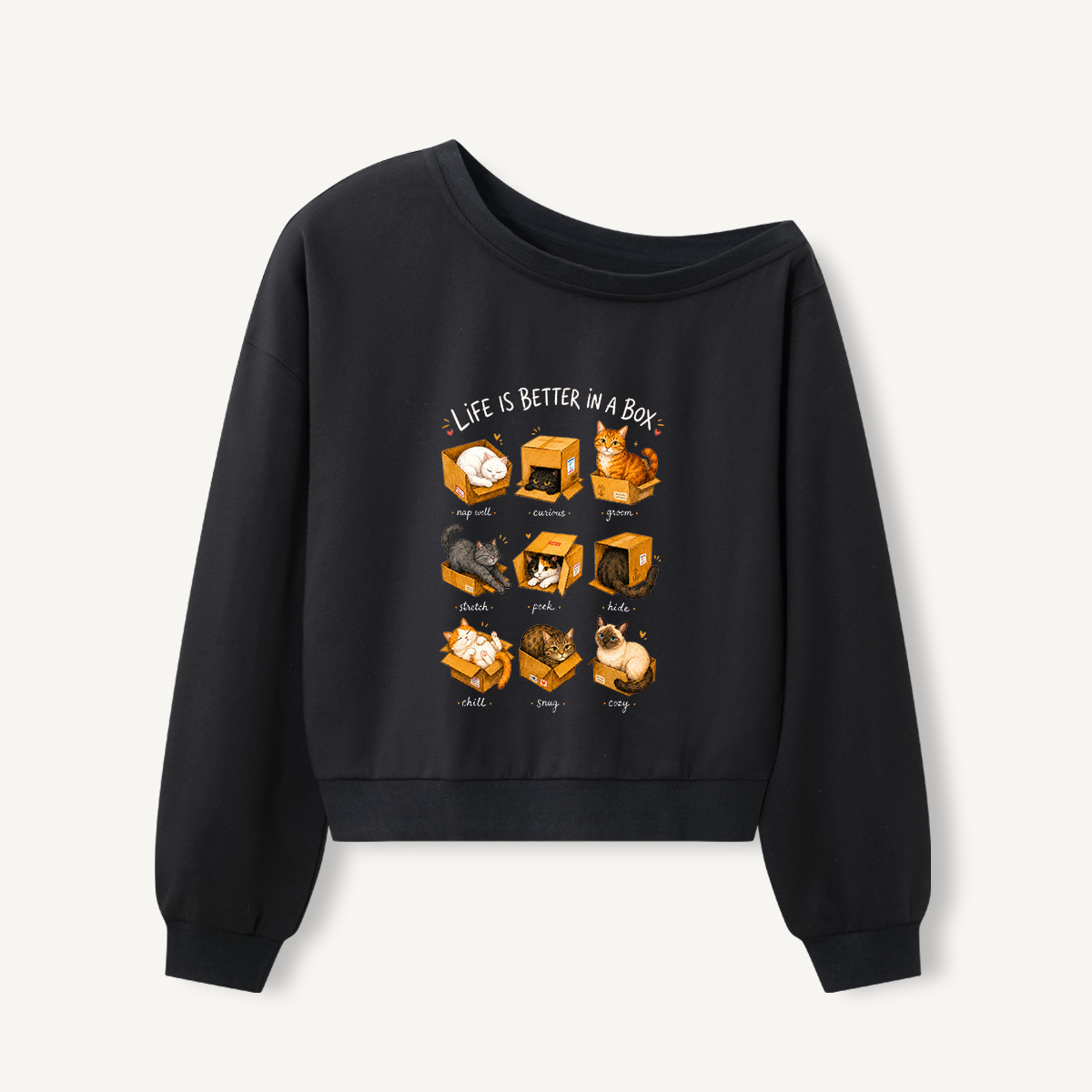 Cats In Boxes Print Off Shoulder Sweatshirts 