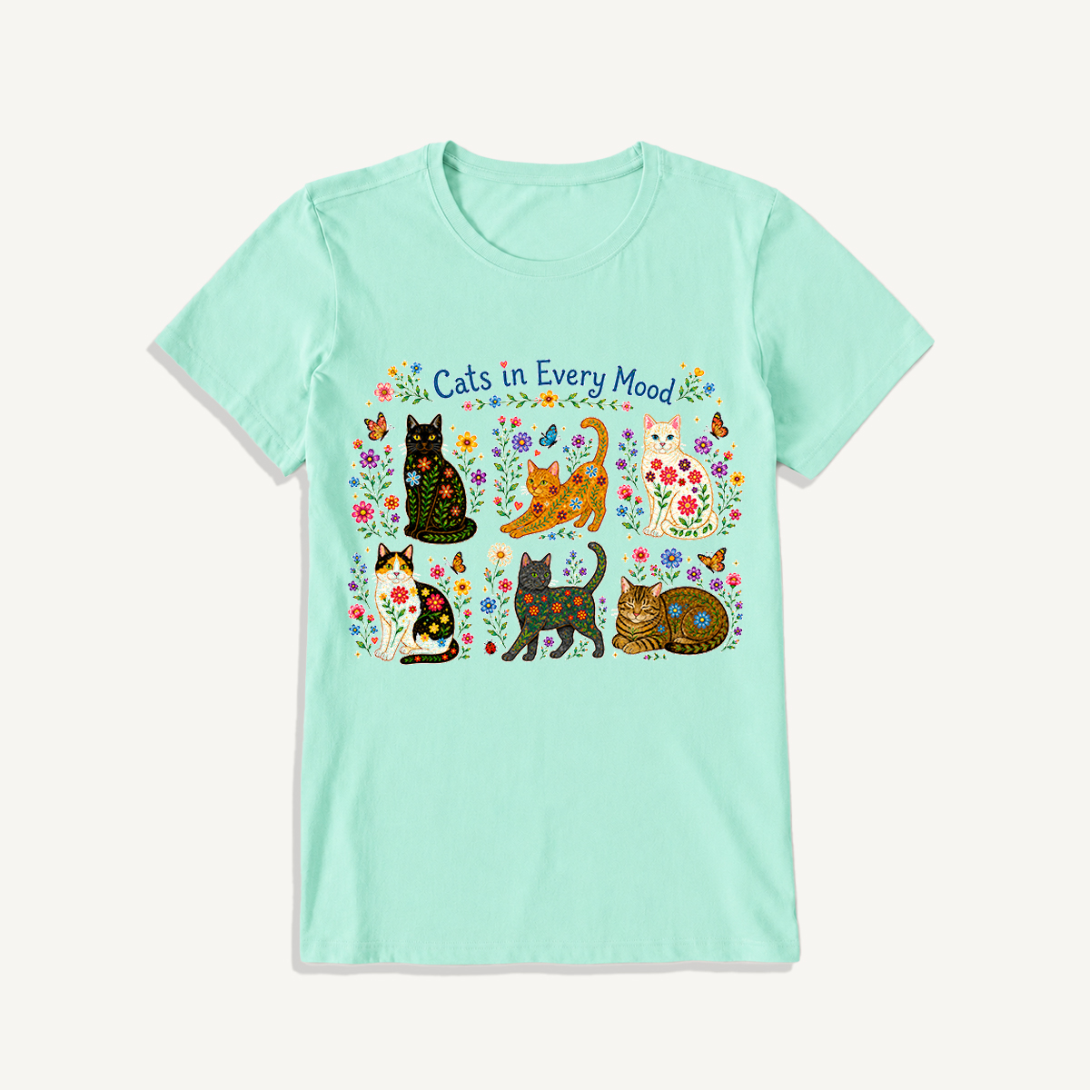 Cats in Every Mood Print Crew Neck Cotton Tee