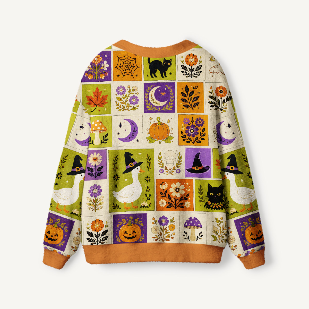 Halloween Pumpkin Goose Garden Patchwork Print Ugly Cardigan Sweaters