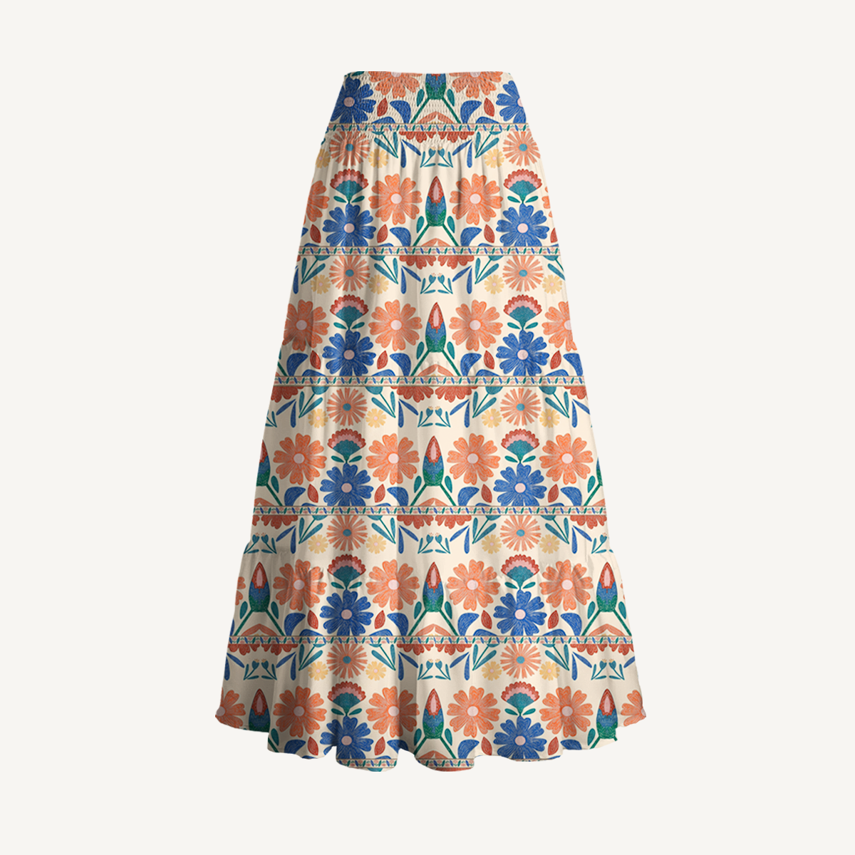 Bohemian Folk Floral Stripe Print Maxi Skirt