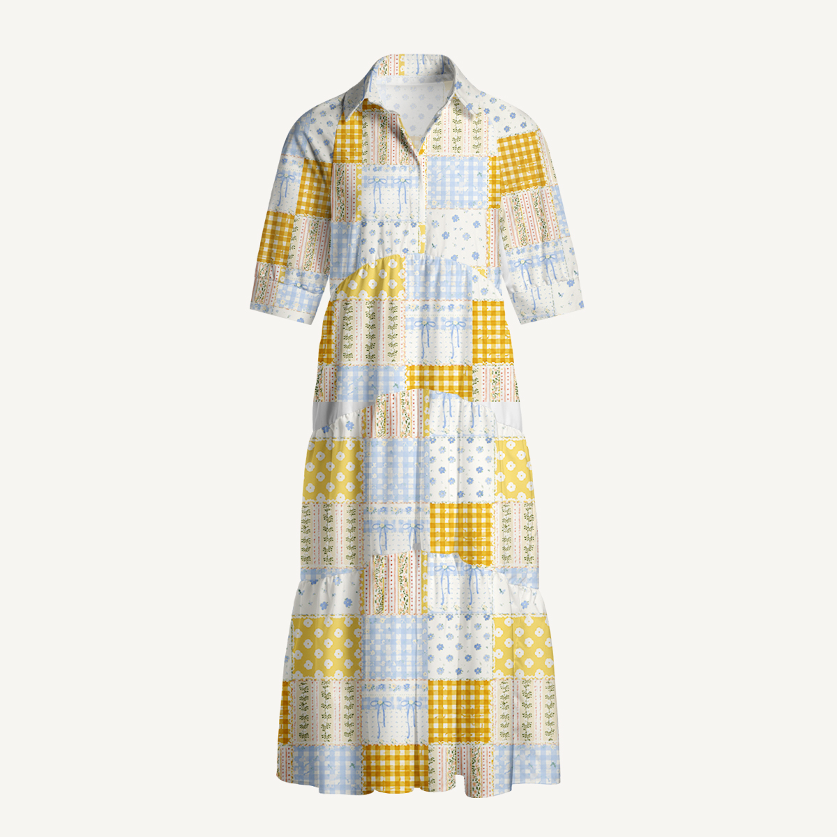 V Neck Collared Pastel Floral Patchwork Quilt Pattern Print Casual Midi Dress With Pockets