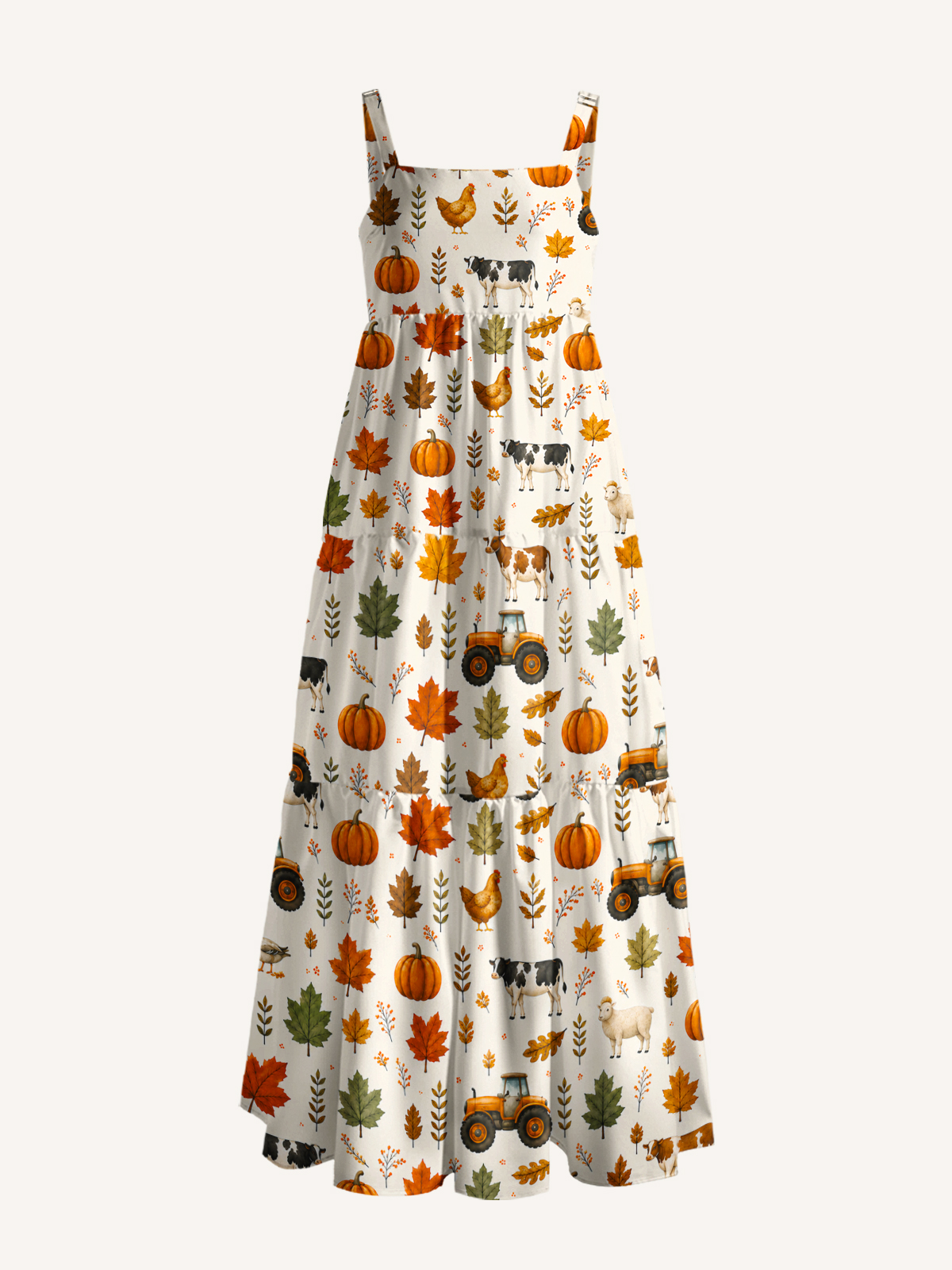 Pumpkin Farm Harvest Print Wide Straps Maxi Dress With Pockets