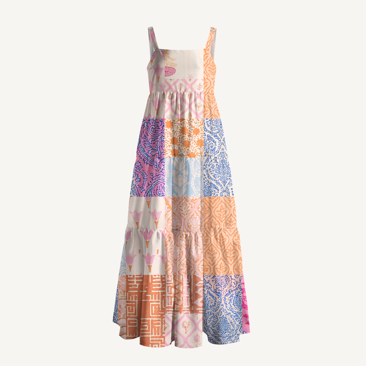 Retro Bohemian Quilt Print Wide Straps Maxi Dress With Pockets