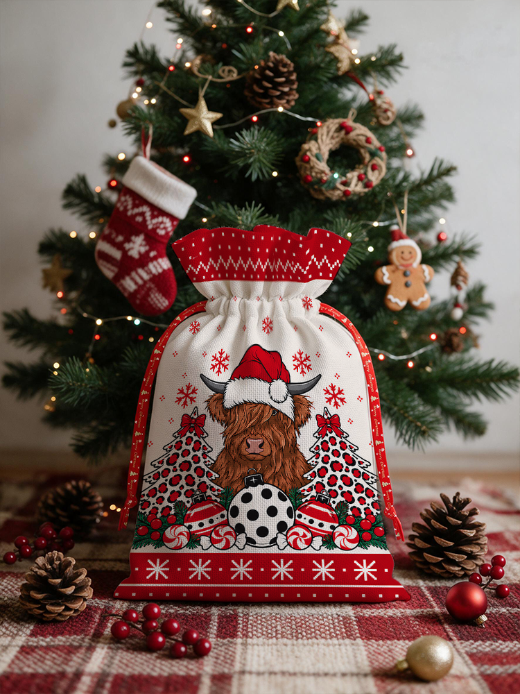 Christmas Highland Cow Reusable Drawstring Gift Bag