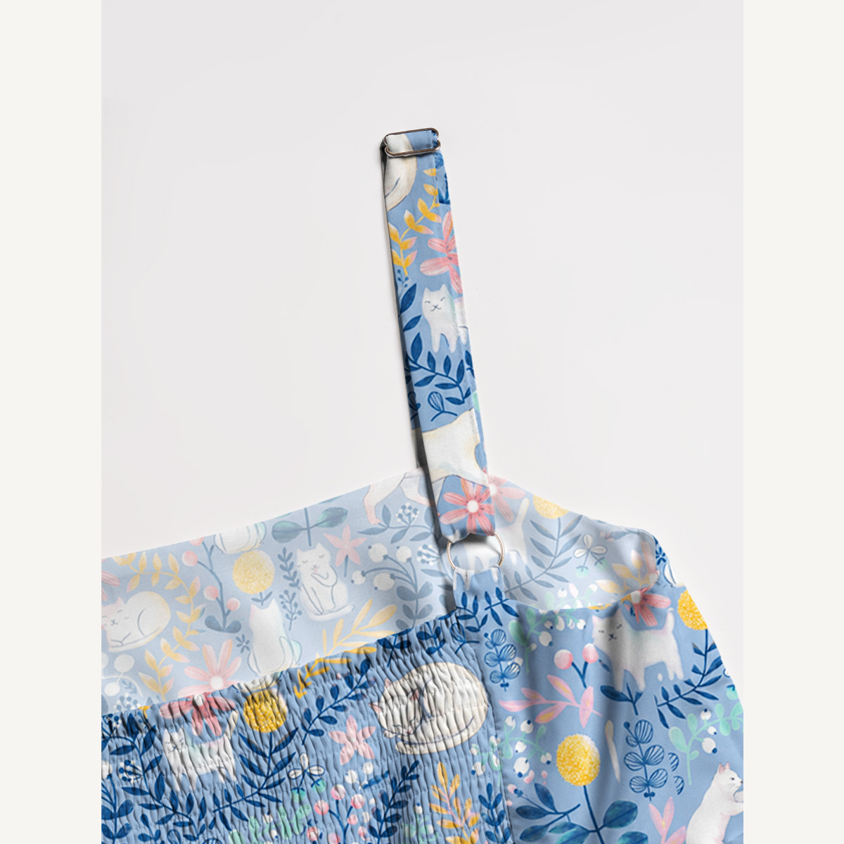 Square Neck Blue Leaf Cat Print Slip Dress