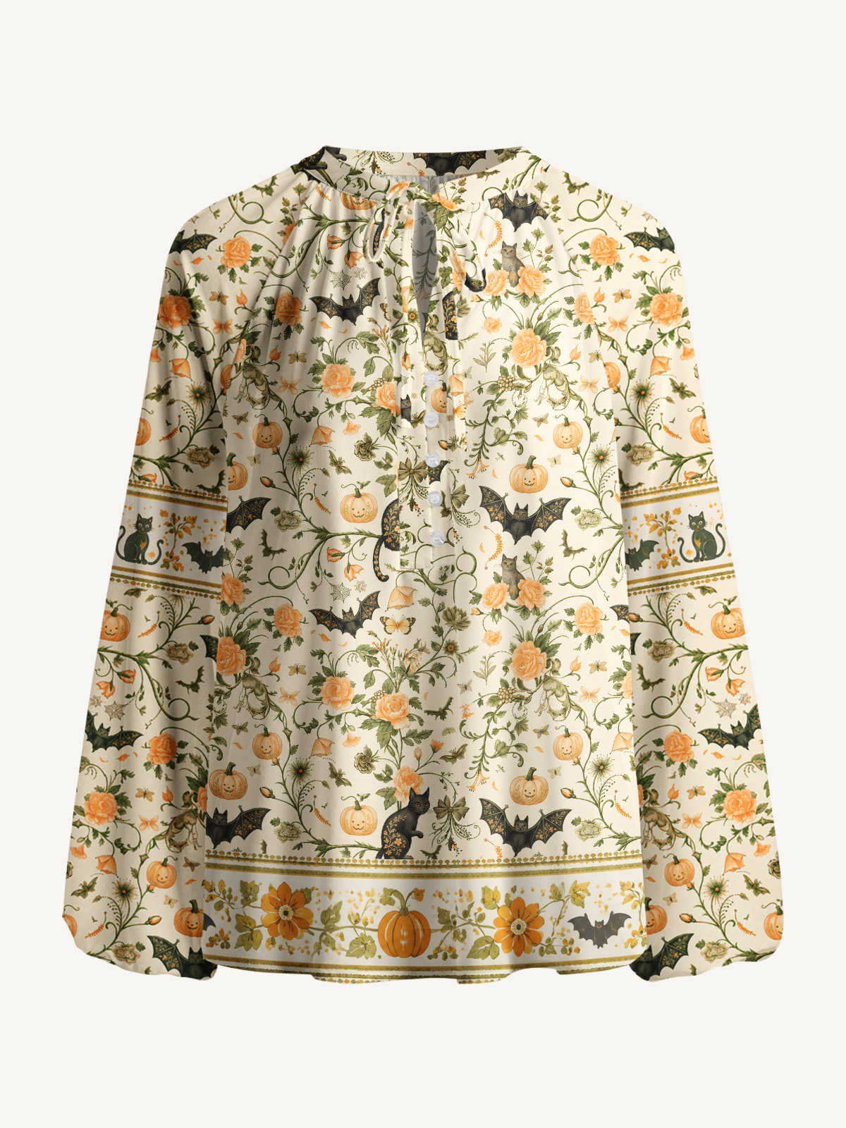 Pastoral Pumpkin Cat Print Boho Long Sleeve Tie‑Neck Blouse