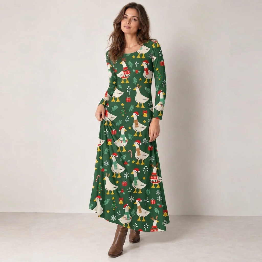 Christmas Goose Parade Print Soft-Touch Stretch Knit Long Sleeve Maxi Dress with Pockets Sale