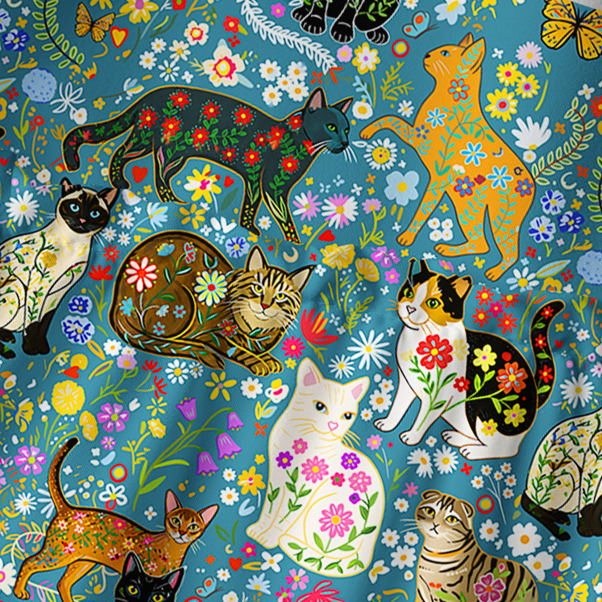 Colorful Garden Cat Pattern  Square Neckline Cap Sleeve Maxi Dress