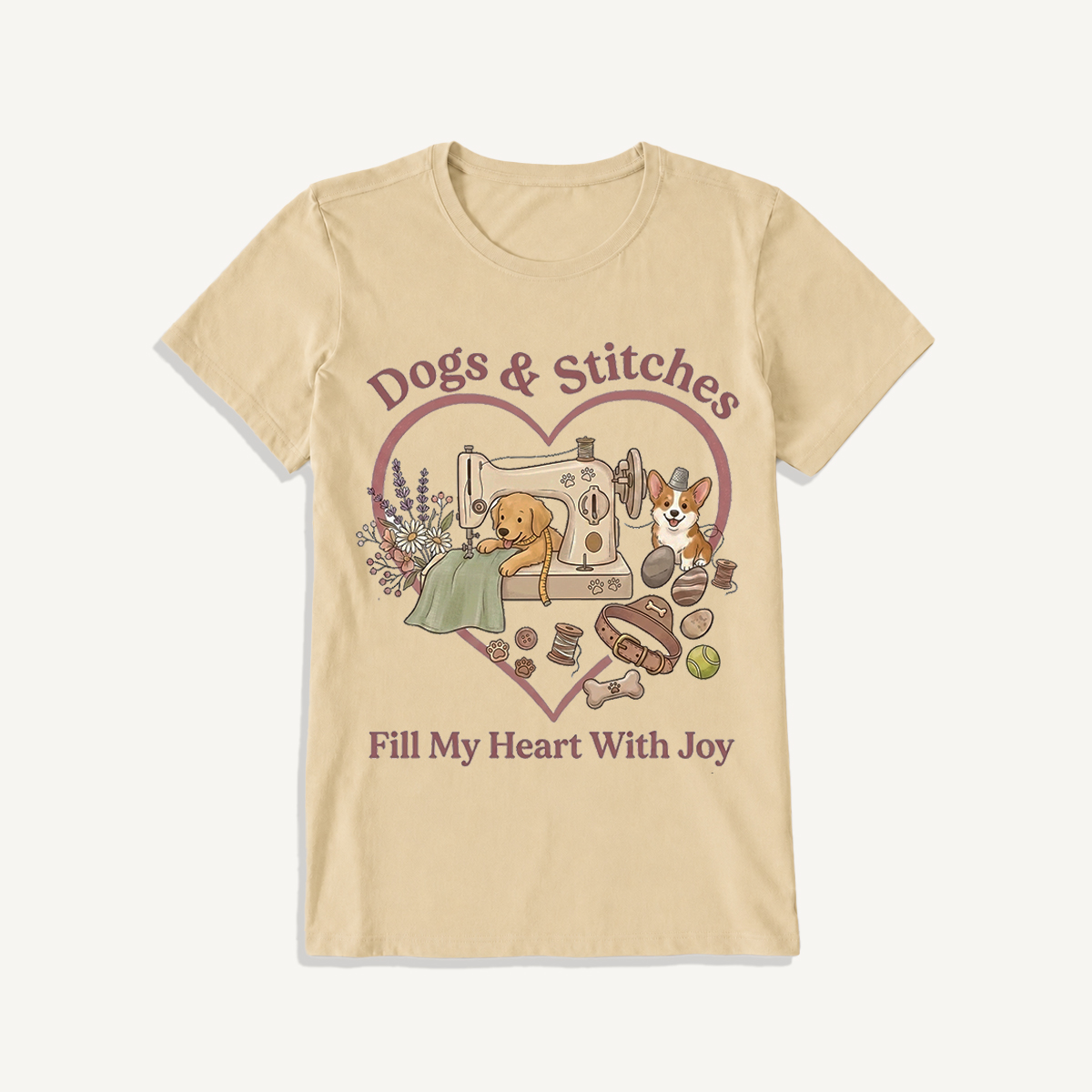 Puppy Stitches and Joy Print Crew Neck Cotton Tee