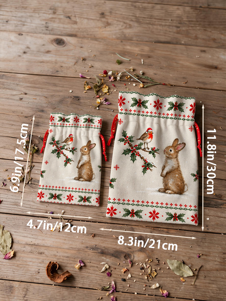Christmas Robin & Bunny Reusable Drawstring Gift Bag
