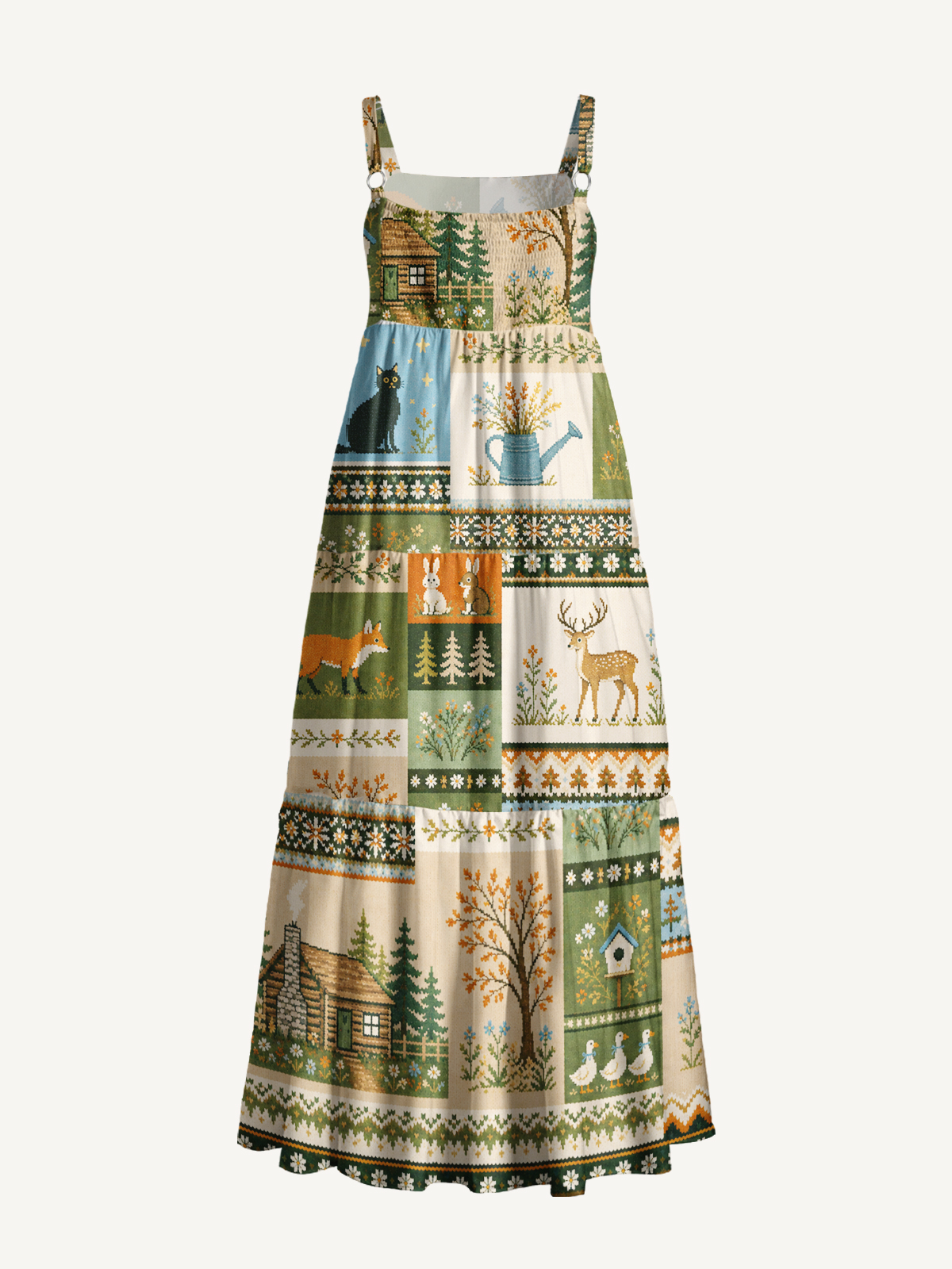Forest Cabin Fox Garden Print Wide Straps Maxi Dress With Pockets