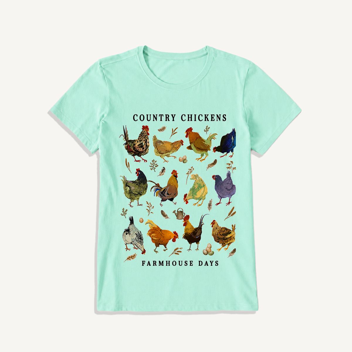 Country Chicken Farmhouse Collection Print Crew Neck Cotton Tee