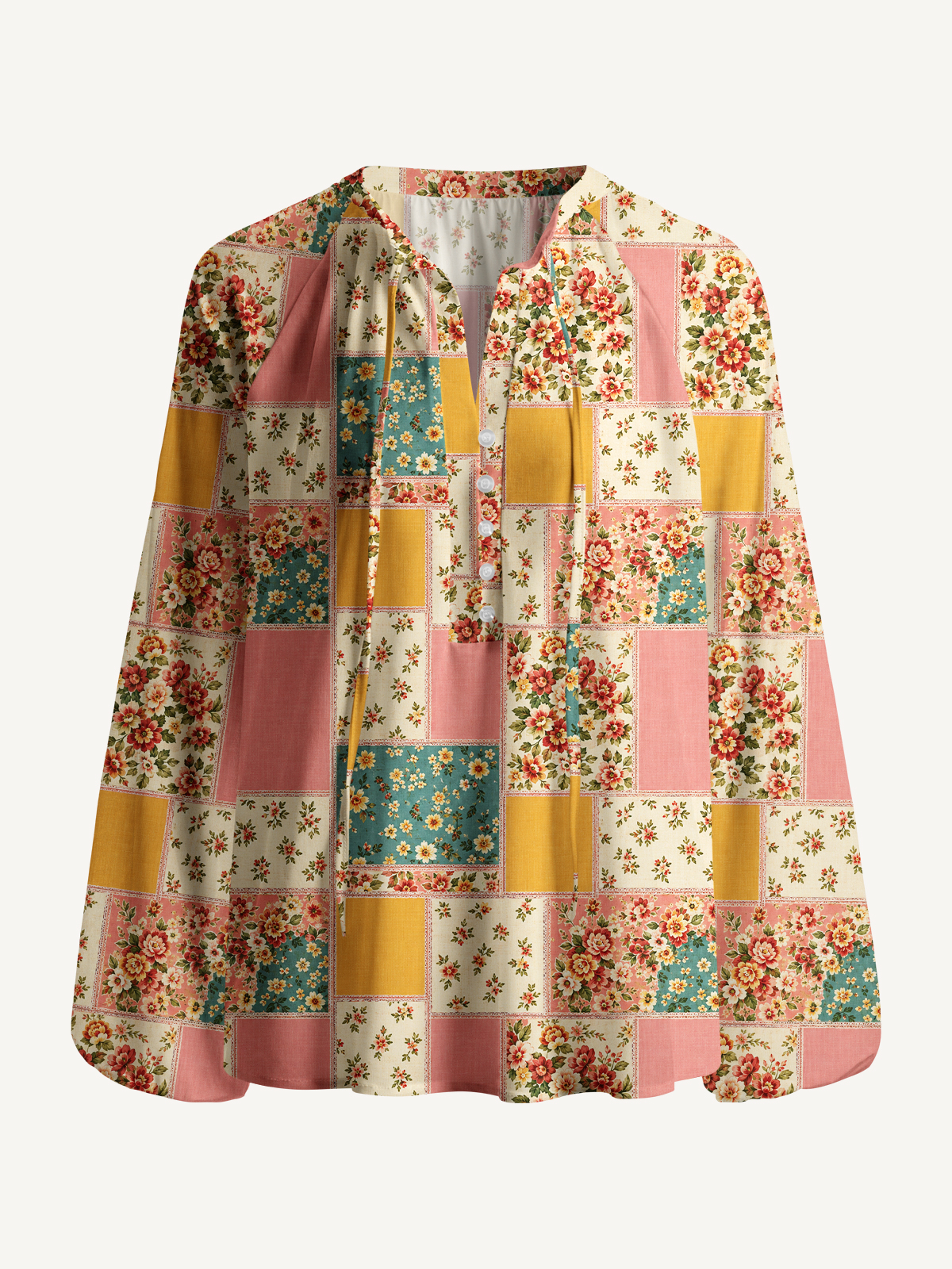 Vintage Pink and Teal Floral Patchwork Print Boho Long Sleeve Tie‑Neck Blouse