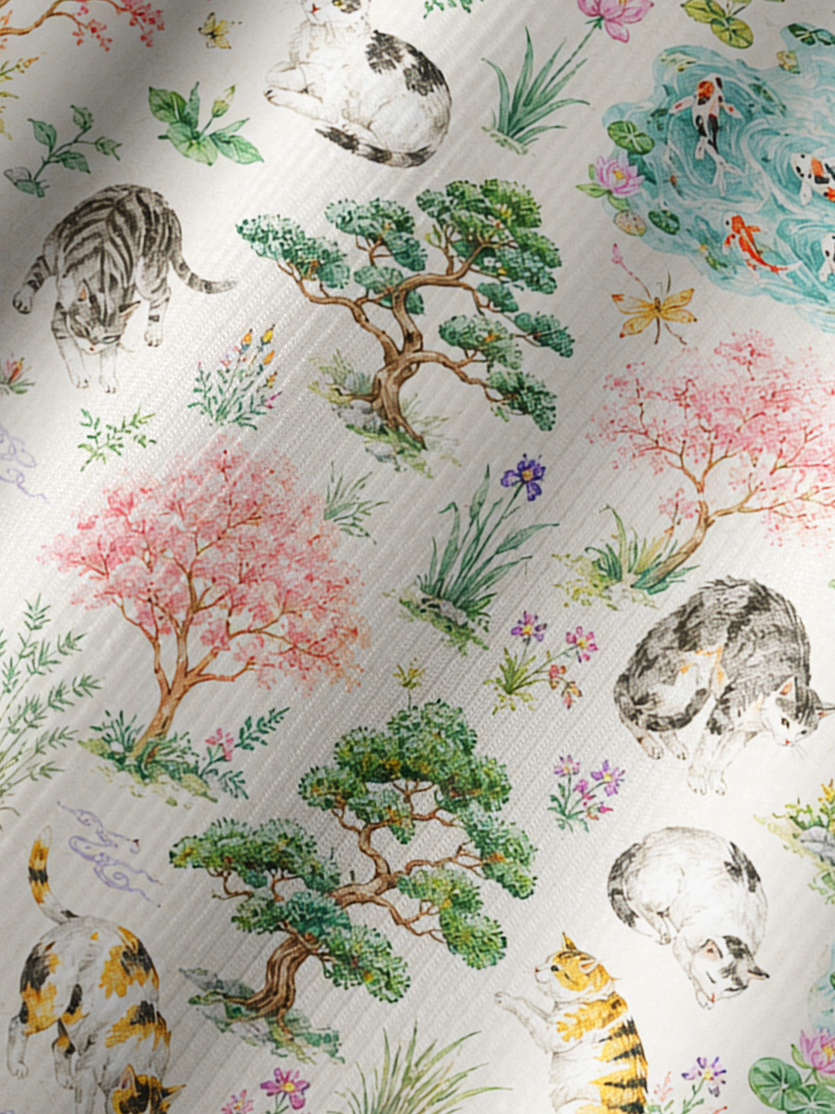 Cats in a Tranquil Garden Pond Scene Print Boho Long Sleeve Tie‑Neck Blouse