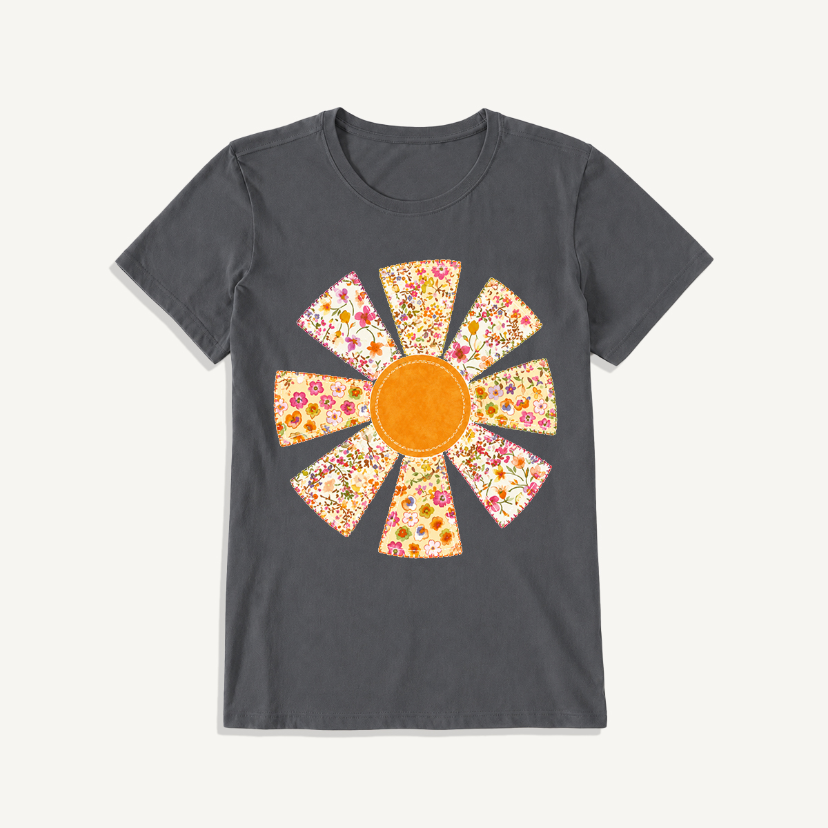 Golden Patchwork Daisy Print Crew Neck Cotton Tee
