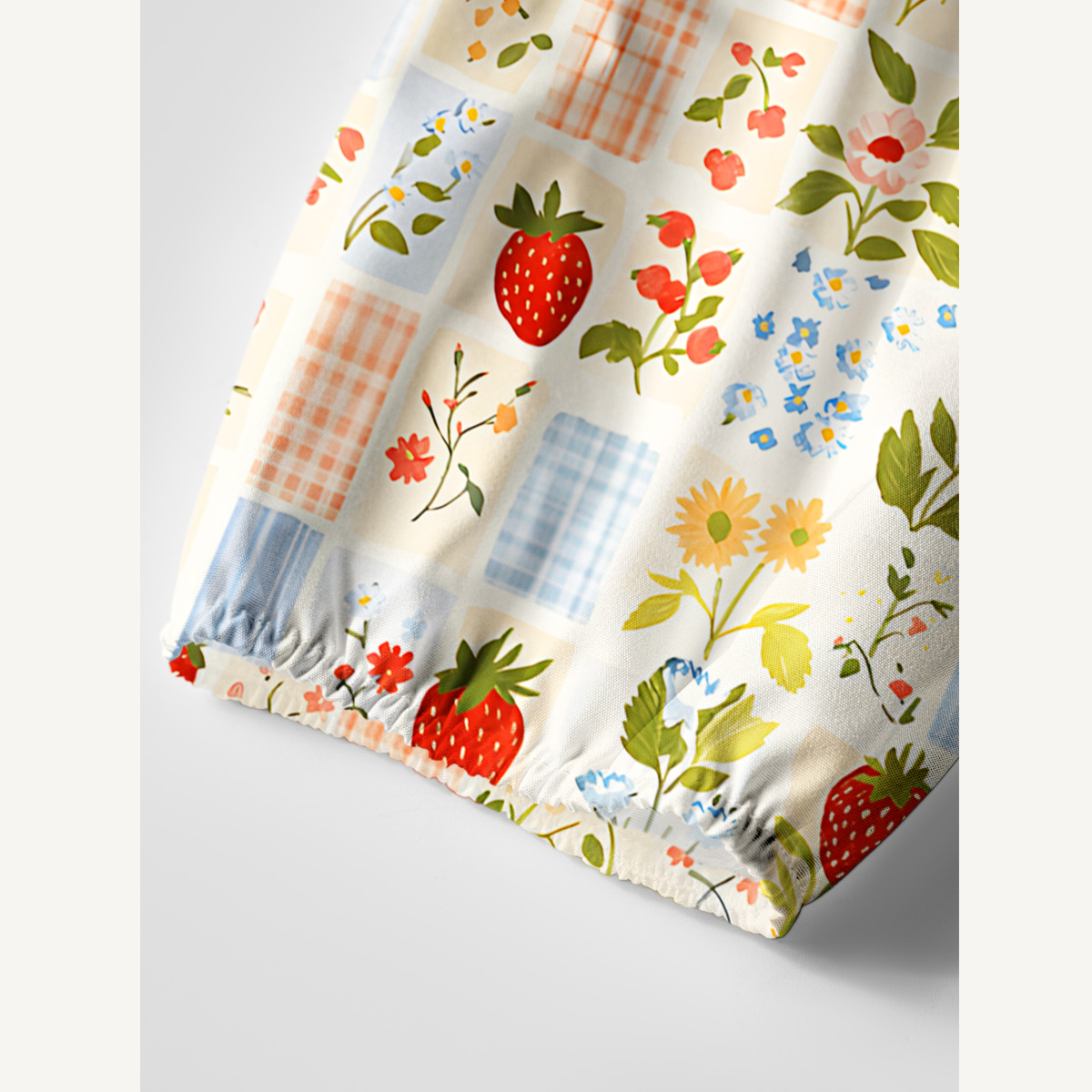 Strawberry Garden Patchwork Print Boho Tie‑Neck Smock Mini Dress