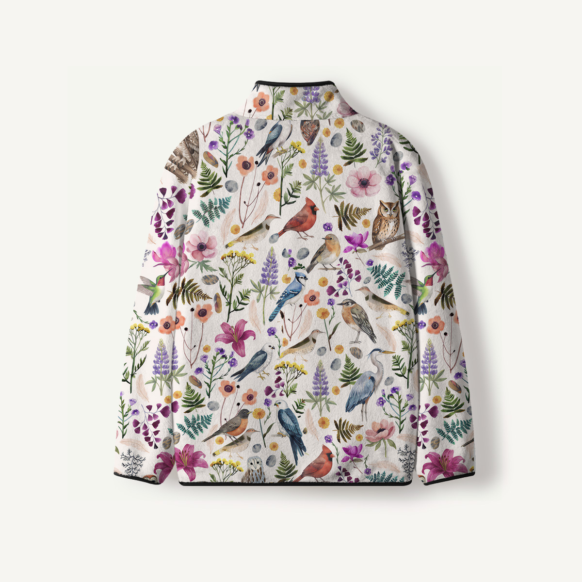 Whimsical Woodland Birds Wildflowers Print Fleece Jacket
