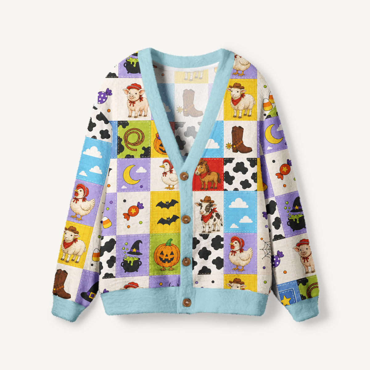 Cowboy Critters Halloween Patchwork Print Ugly Cardigan Sweaters