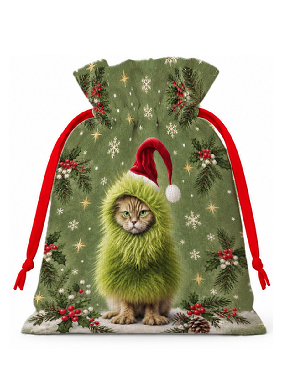 Mischievous Christmas Cat Reusable Drawstring Gift Bag