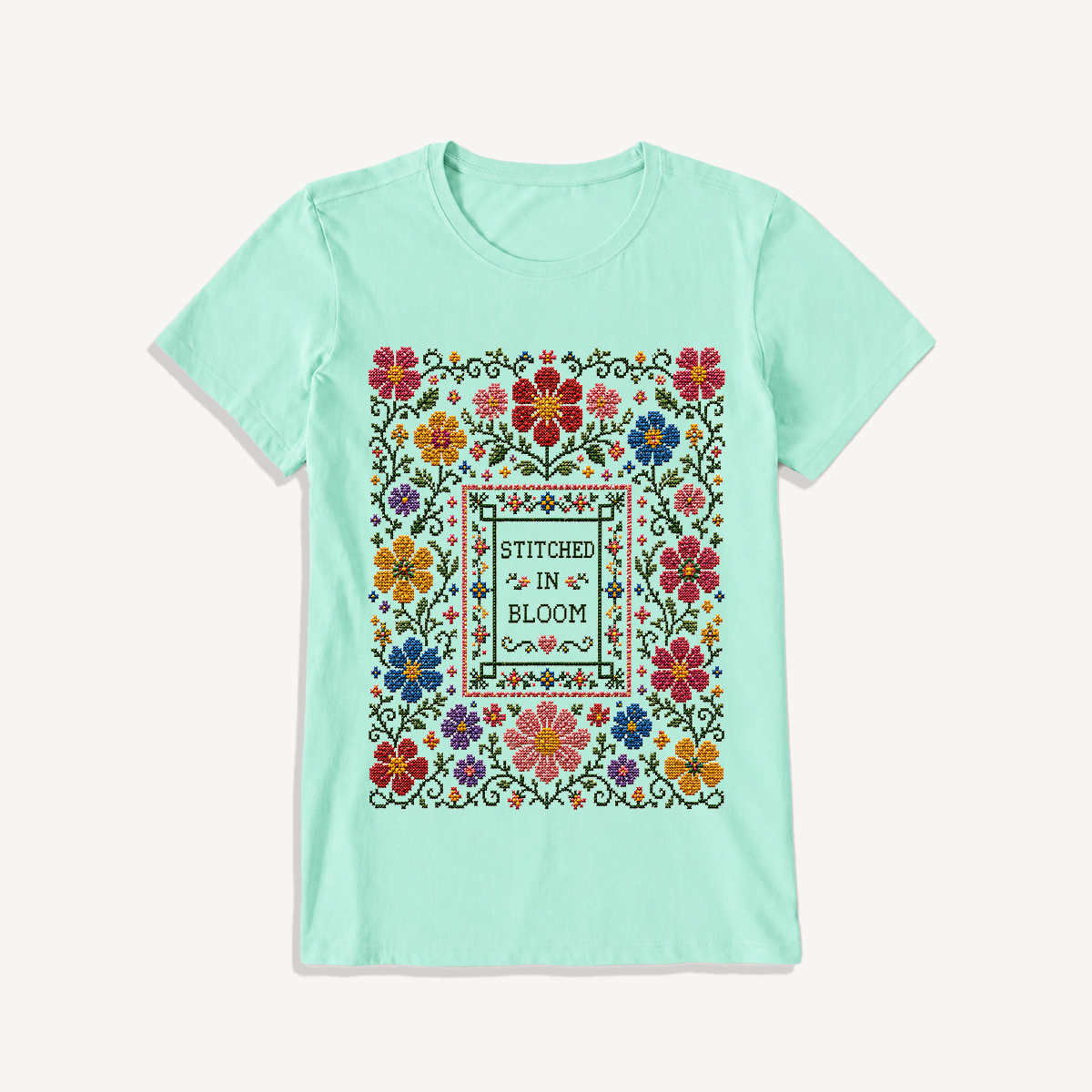 Blooming Folk Floral Cross-Stitch Print Crew Neck Cotton Tee