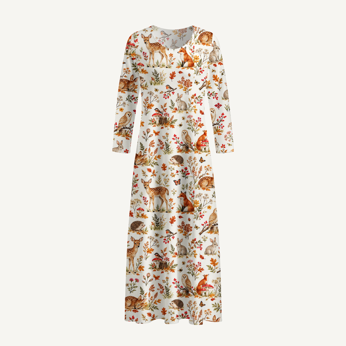 Autumn Woodland Animals Print Soft-Touch Stretch Knit Long Sleeve Maxi Dress with Pockets