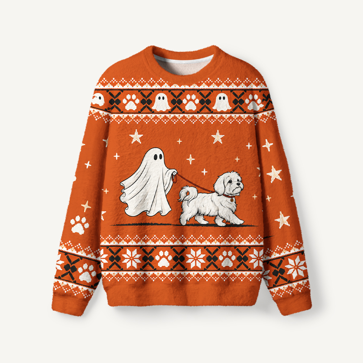 Halloween Ghost Walking Dog Bee Fuzzy Crewneck Sweater