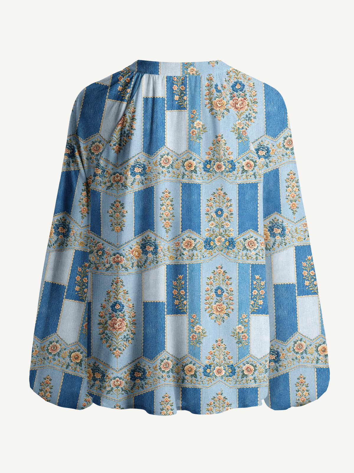 Vintage Blue Tapestry Floral Stripe Print Boho Long Sleeve Tie‑Neck Blouse