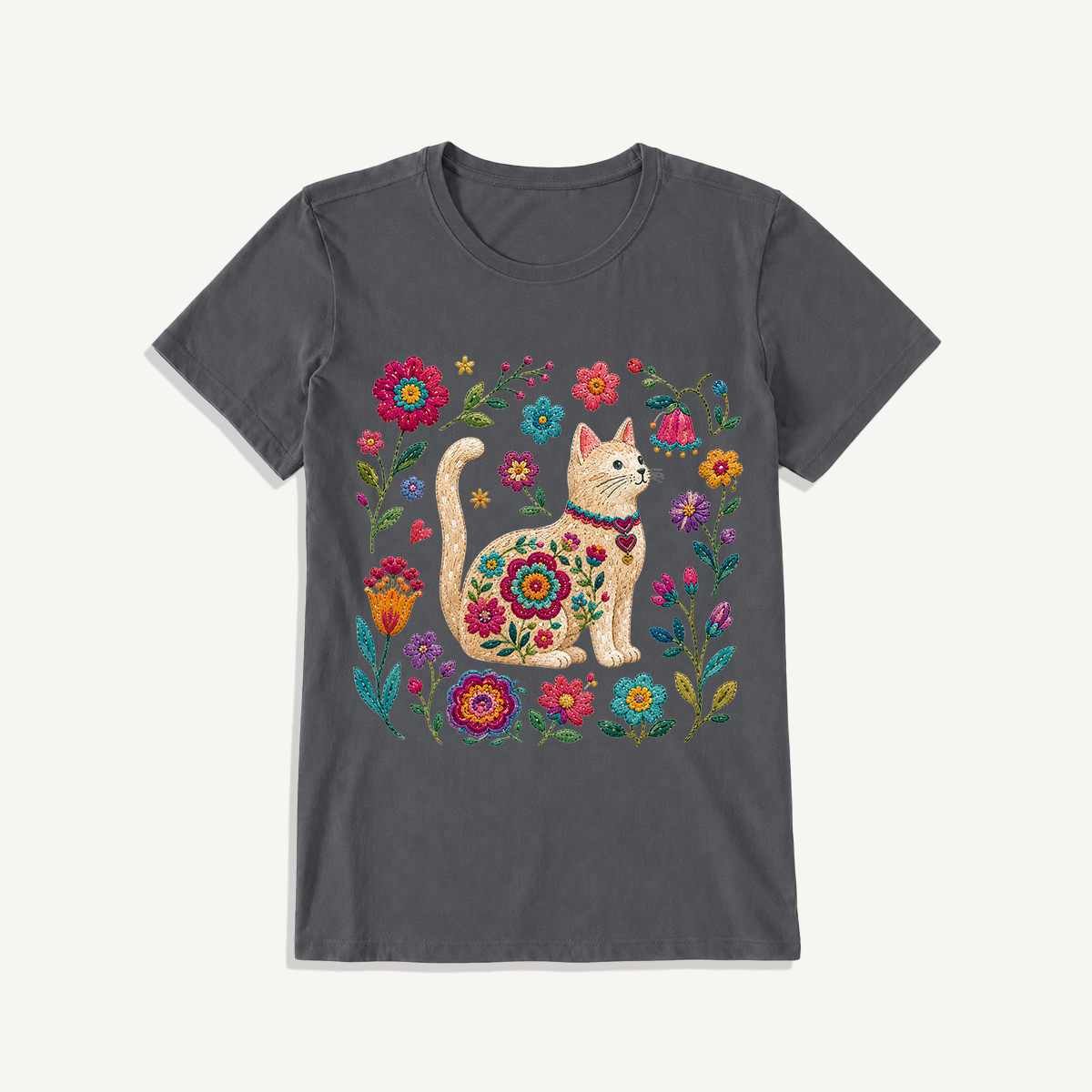 Embroidered Floral Cat Print Crew Neck Cotton Tee