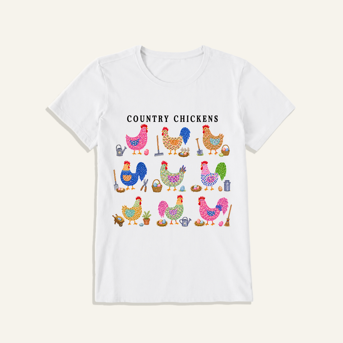Cottage Chicken Collection Print Crew Neck Cotton Tee