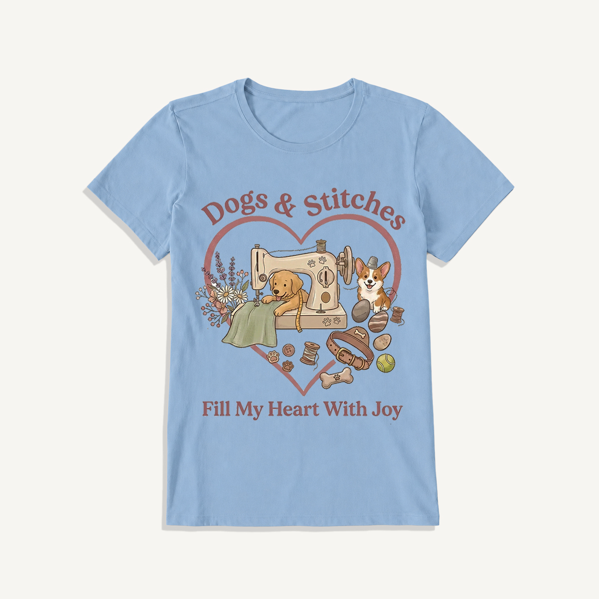 Puppy Stitches and Joy Print Crew Neck Cotton Tee