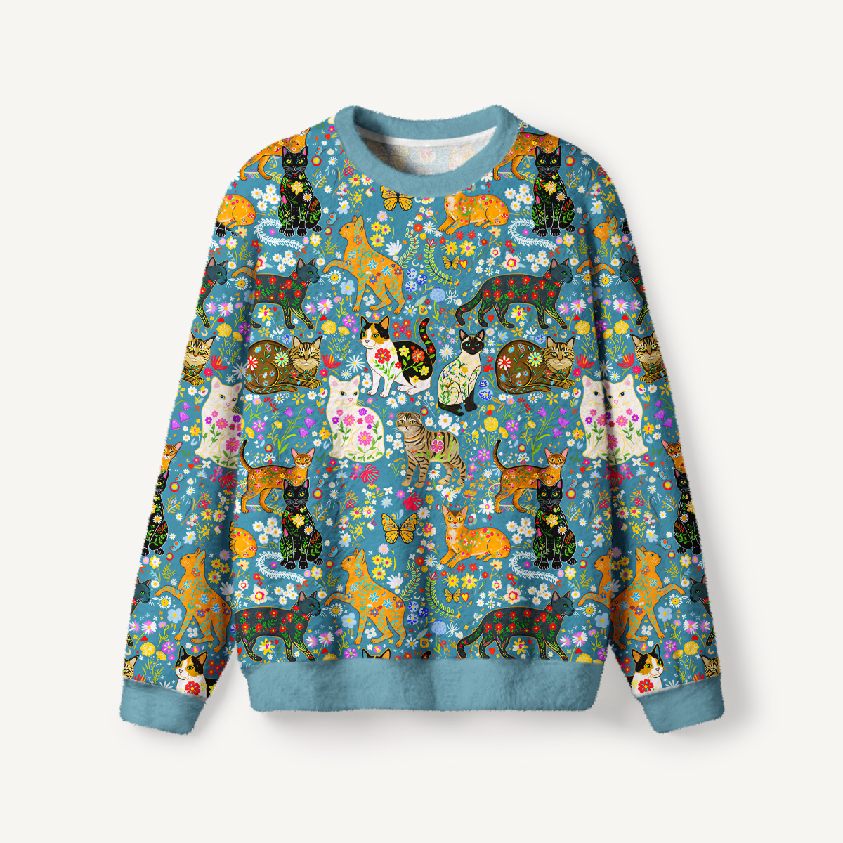 Colorful Garden Cat Forest Fuzzy Crewneck Sweater