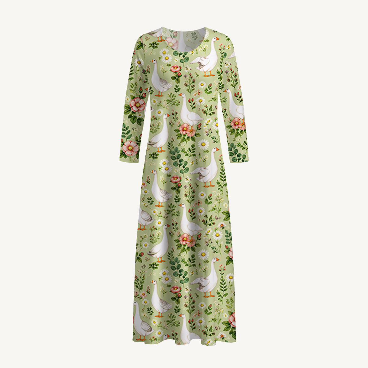 Pastoral Goose Garden Print Soft-Touch Stretch Knit Long Sleeve Maxi Dress with Pockets