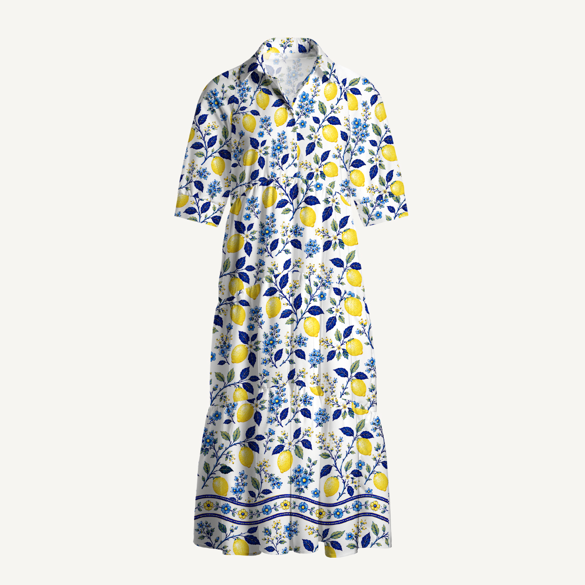 V Neck Collared Blue Lemon Floral Print Quilt Print Casual Midi Dress With Pockets