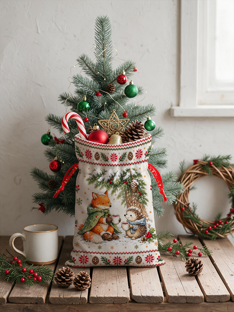 Cozy Winter Fox & Hedgehog Reusable Christmas Drawstring Gift Bag
