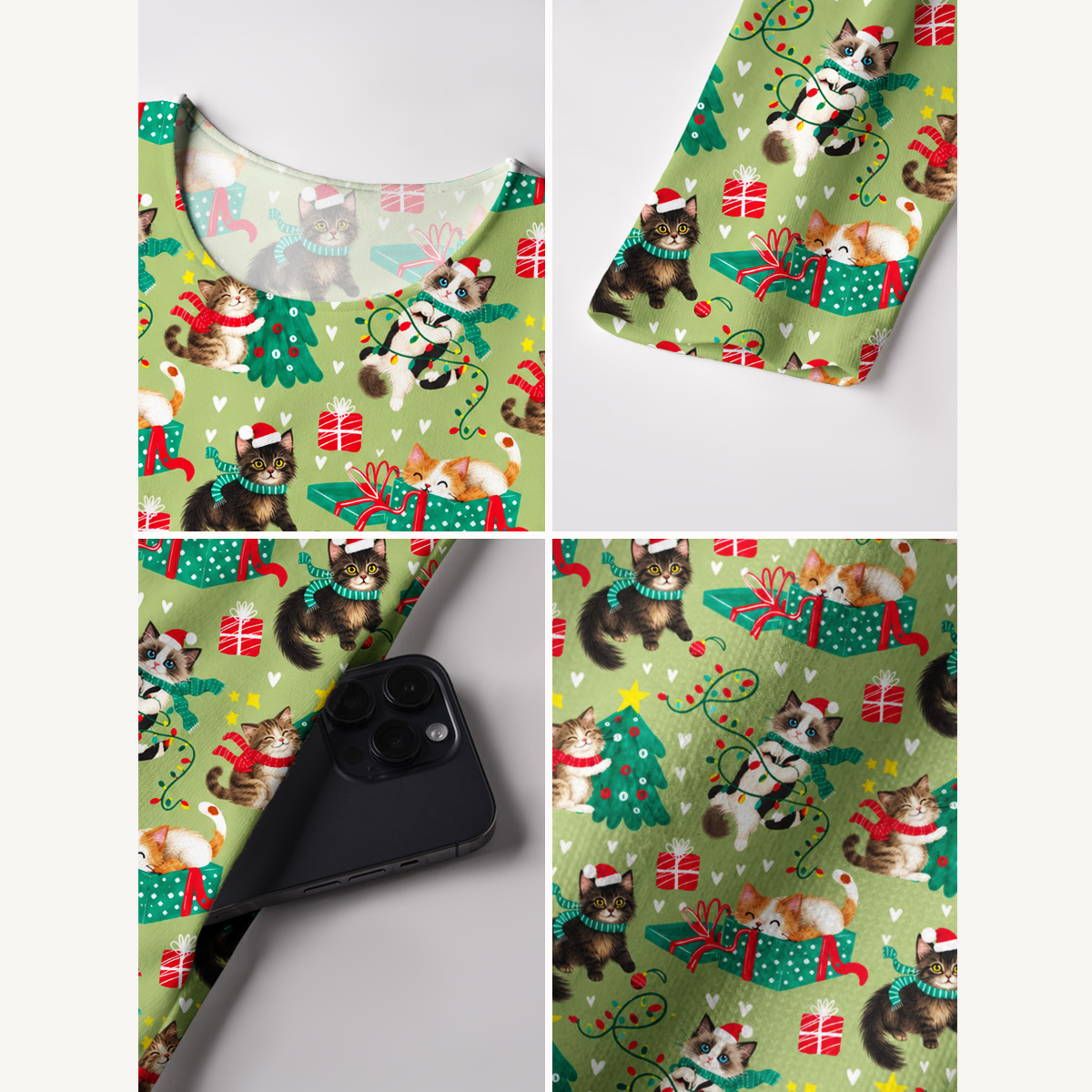 Playful Christmas Cats Print Soft-Touch Stretch Knit Long Sleeve Maxi Dress with Pockets