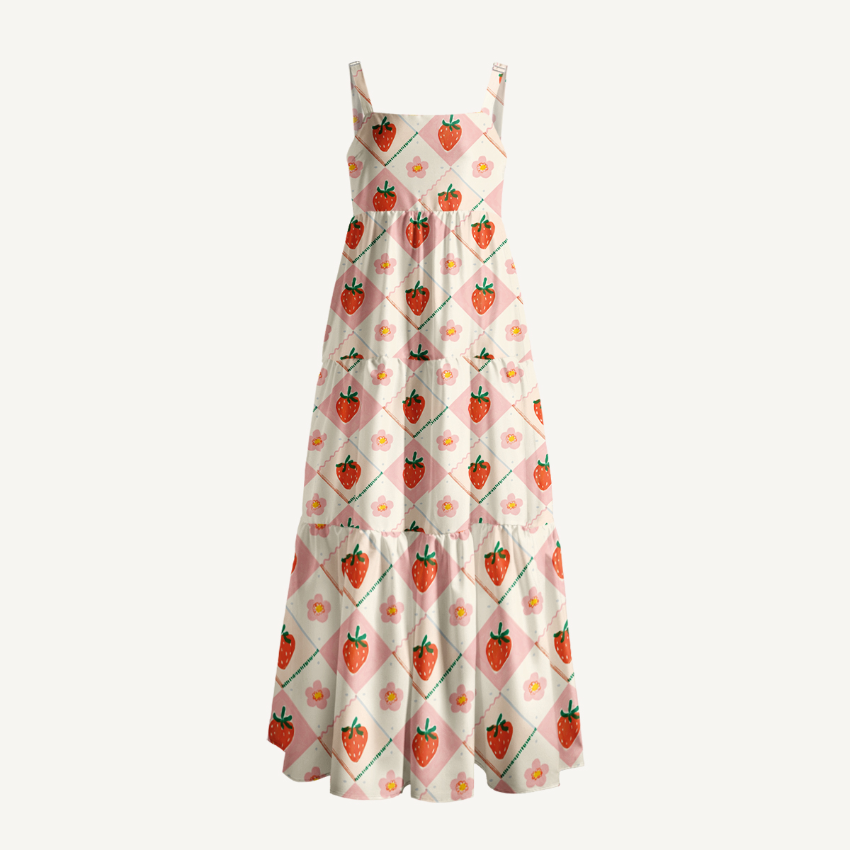 Strawberry Check Print Wide Straps Maxi Dress With Pockets
