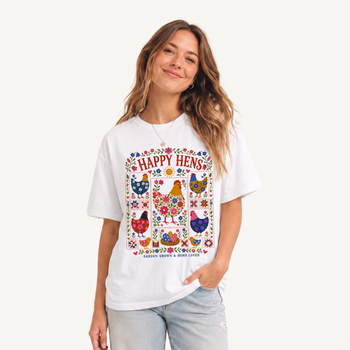 Happy Hens Floral Patchwork Print Crew Neck Cotton Tee
