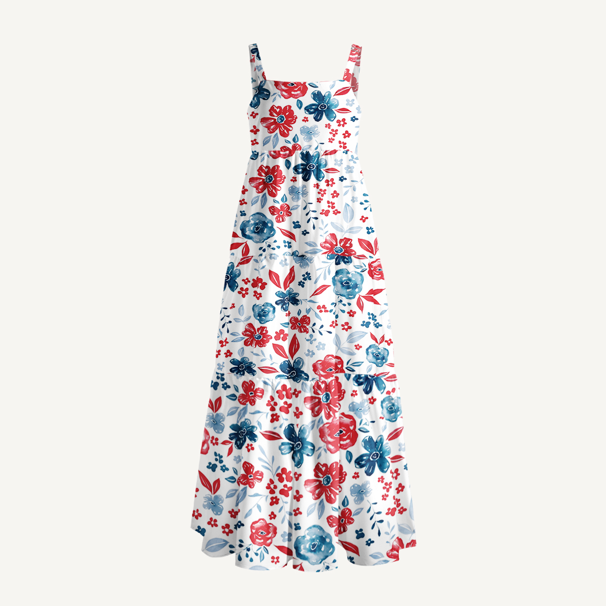 Patriotic Floral American Flag Print Quilt Wide Straps Maxi Dress With Pockets